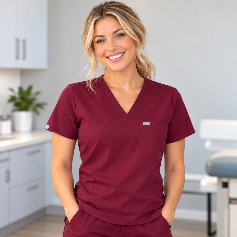 FIGS Catarina Scrub Top Women's XL Burgundy V-Neck 1 Pocket FW1000 Medical Nurse